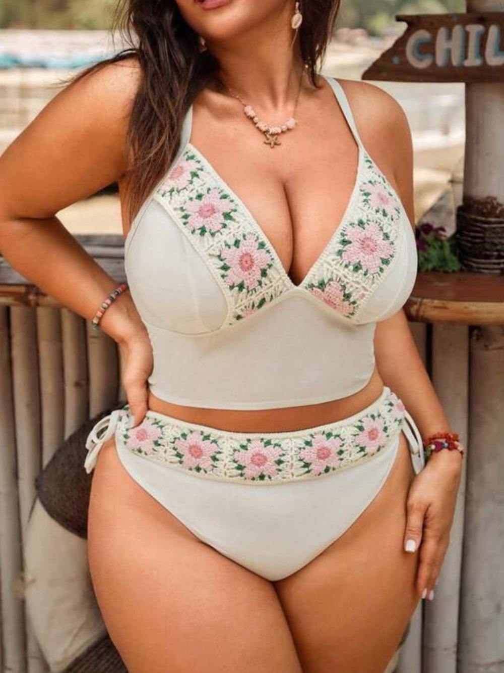 Crochet Floral Trim  Bikini Set - Women Swim